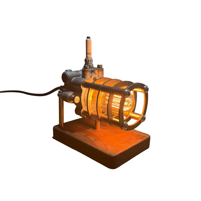 repurposed automotive power steering pump steampunk table lamp, industrial desk lamp with vintage filament bulb, stepless dimming knob & wood base
