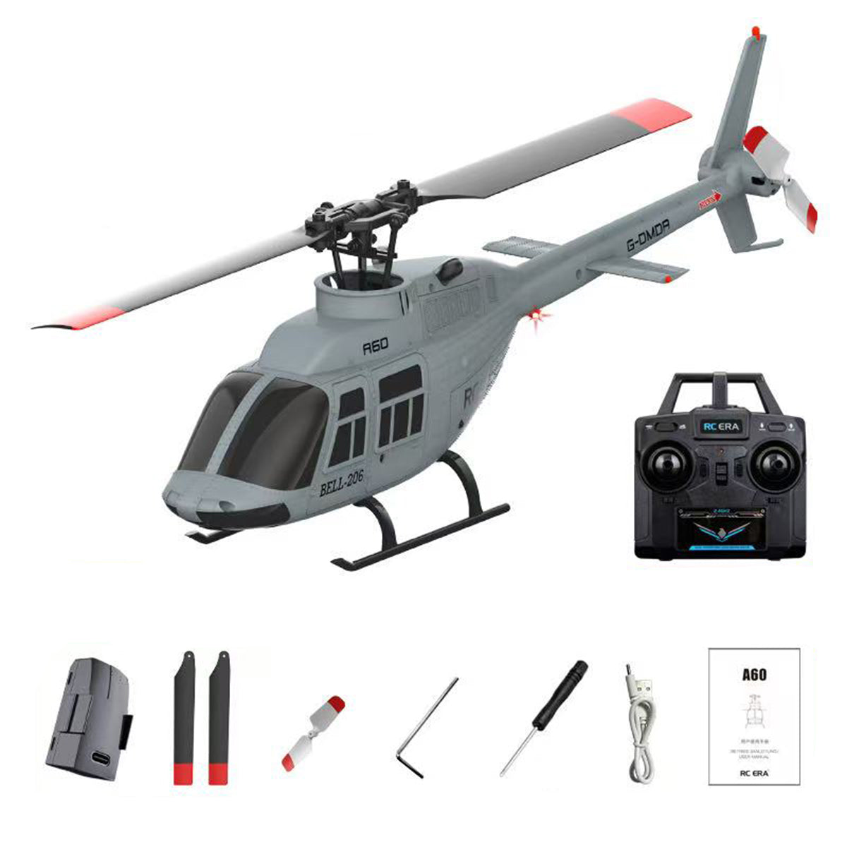 a60 bell206 90-class 2.4g 4ch single rotor flybarless mini rc helicopter model with optical flow altitude hold 1/42 scale