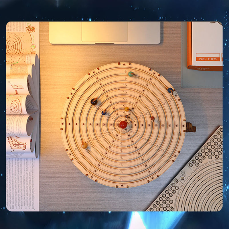 3d wooden mechanical orrery solar system model kit, diy stem educational desktop display (413pcs)