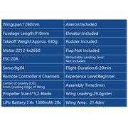 2.4g 4ch epp fixed wing rc glider, 1280mm large wingspan, jst connector, no reflex