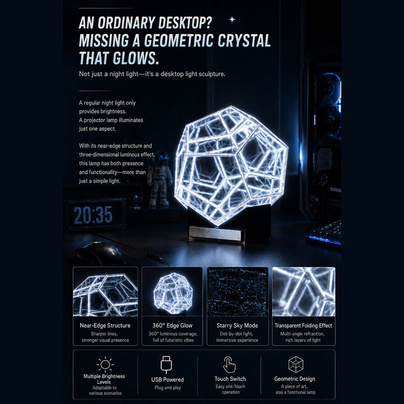 geometric refraction led desk lamp, transparent acrylic ambient light with touch dimming