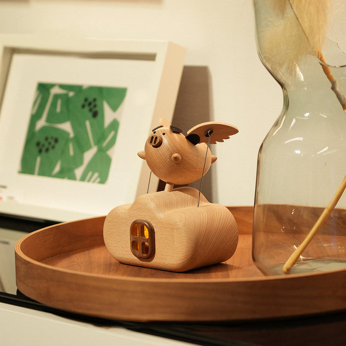 wooden illuminated flying pig dynamic model - desktop stress relief display