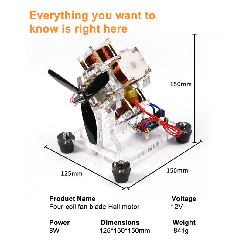 transparent acrylic four-coil brushless hall motor model, stem electromagnetic science display