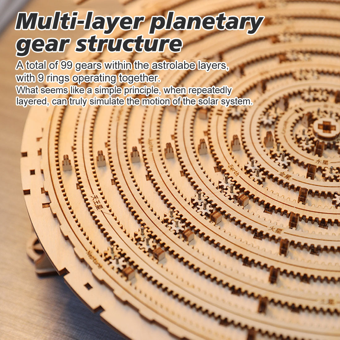 3d wooden mechanical orrery solar system model kit, diy stem educational desktop display (413pcs)