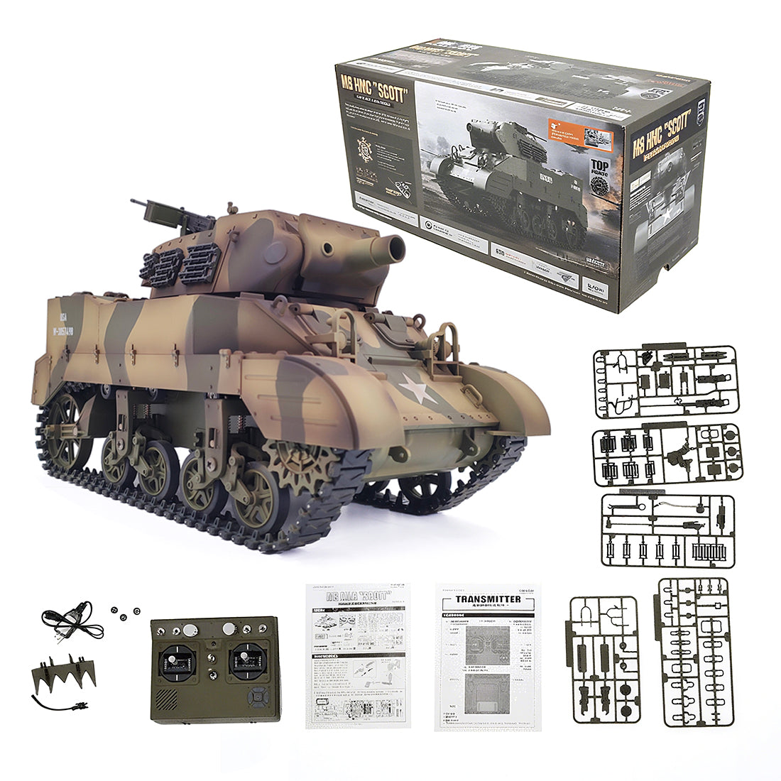 1/16 scale 2.4g u.s. m8 self-propelled howitzer rc tank model with sound and lights, telescoping smoke, dual-speed modes
