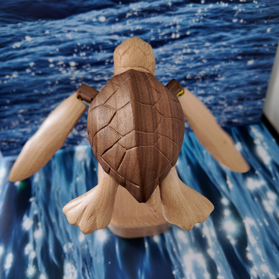 handcrafted wooden sea turtle dynamic model- desktop stress relief display