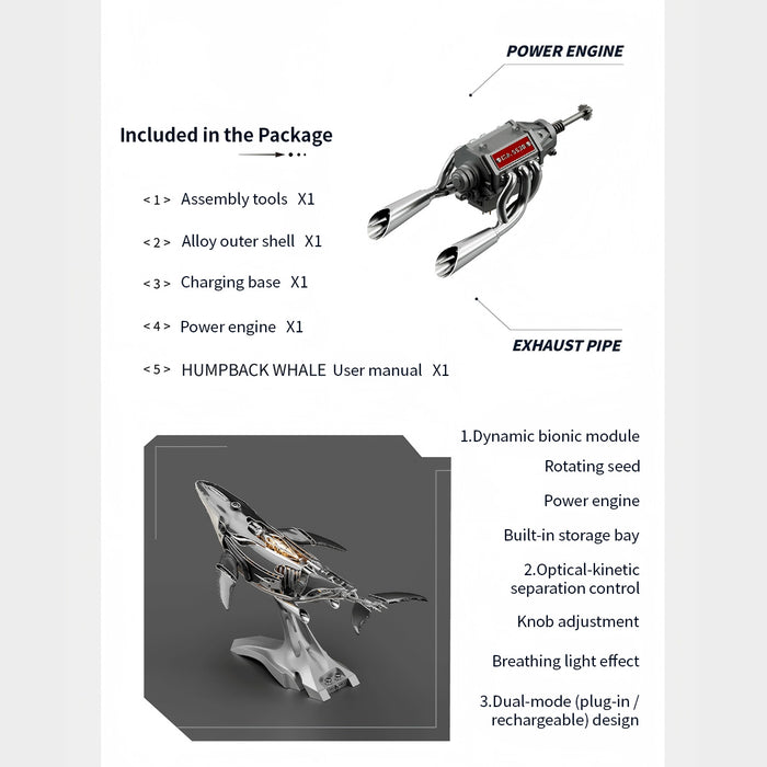 3d metal mechanical humpback whale model kit– diy marine creature assembly puzzle toy