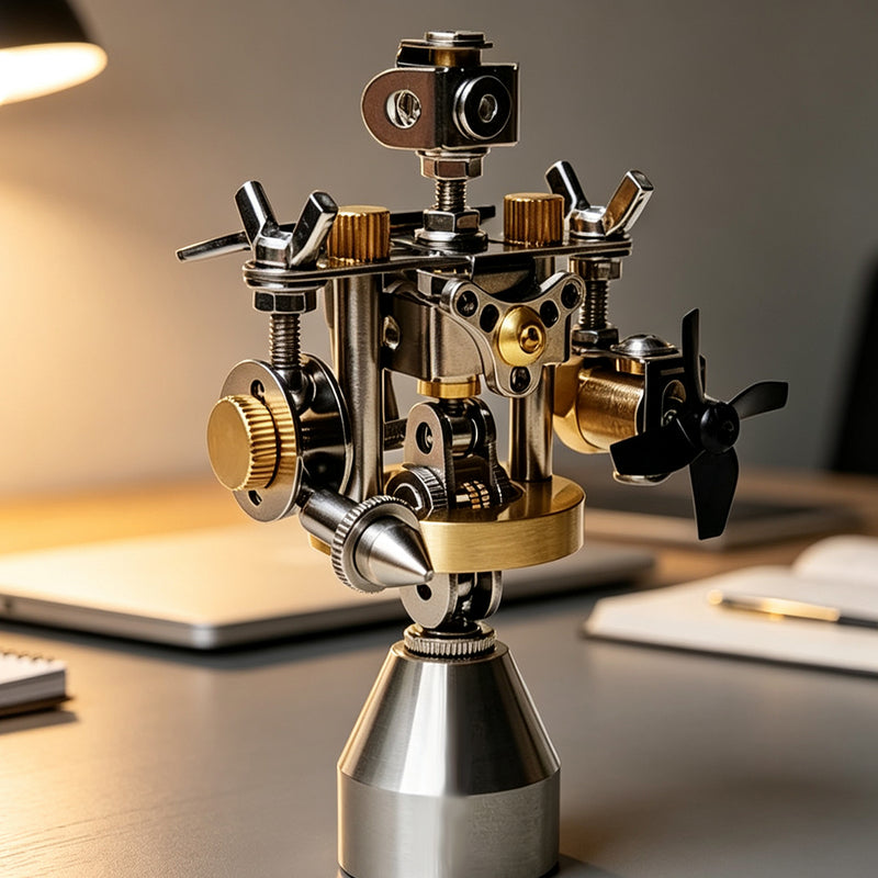 solar powered steampunk robot metal mechanical model, rotating stem educational desktop decor (standing version)