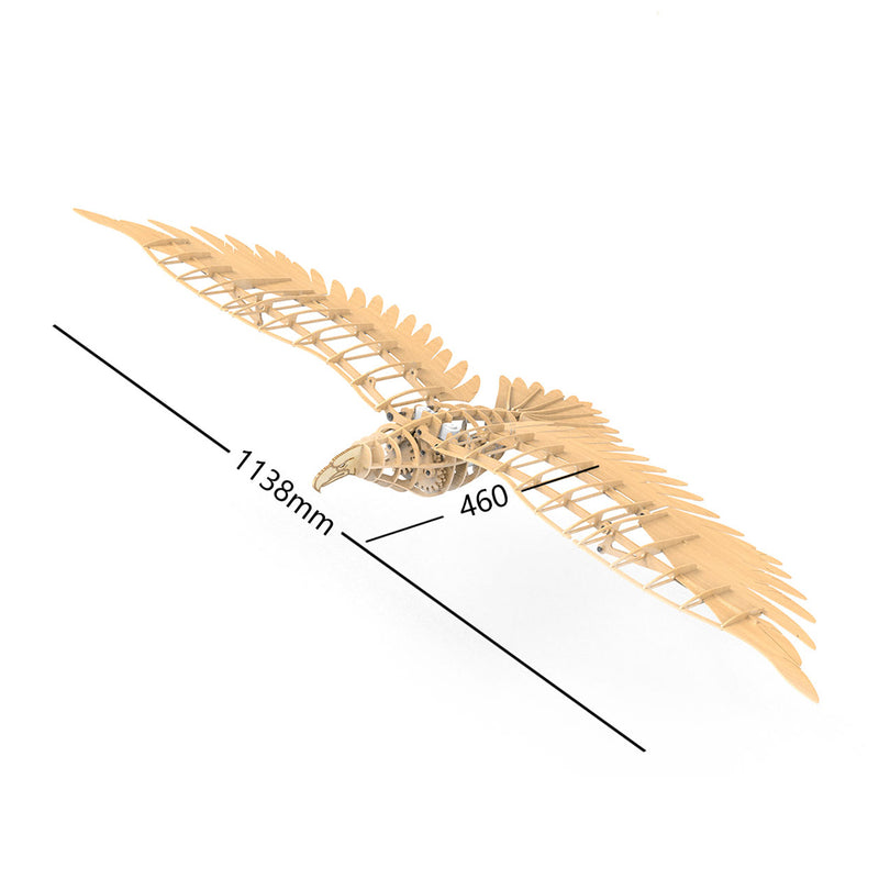 wooden eagle mechanical bird model kit, 1138mm flapping wings, gear-driven diy assembly model for wall display