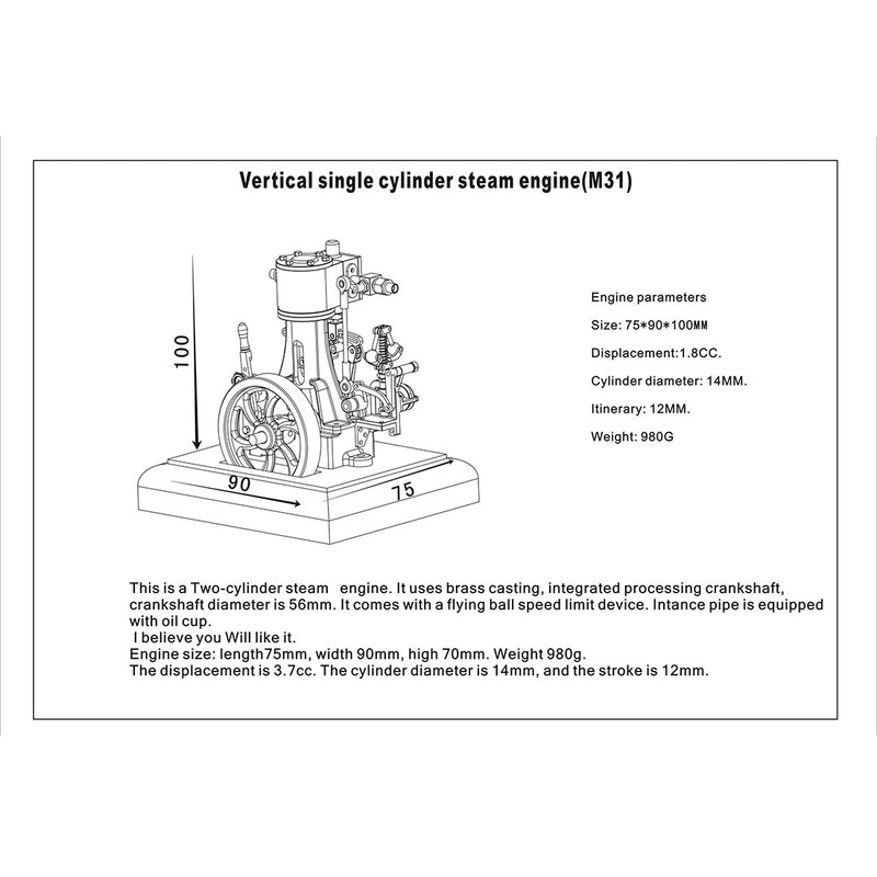 M31 1.85CC Mini Retro Vertical Single-cylinder Reciprocating Double-acting Steam Engine Model Toys with Speed Reducer - EngineDIY
