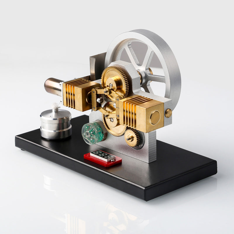 ENJOMOR Hot Air Stirling Engine Generator Model with LED Light and Voltmeter - Horizontally Opposed Diamond Structure Gear Drive - EngineDIY