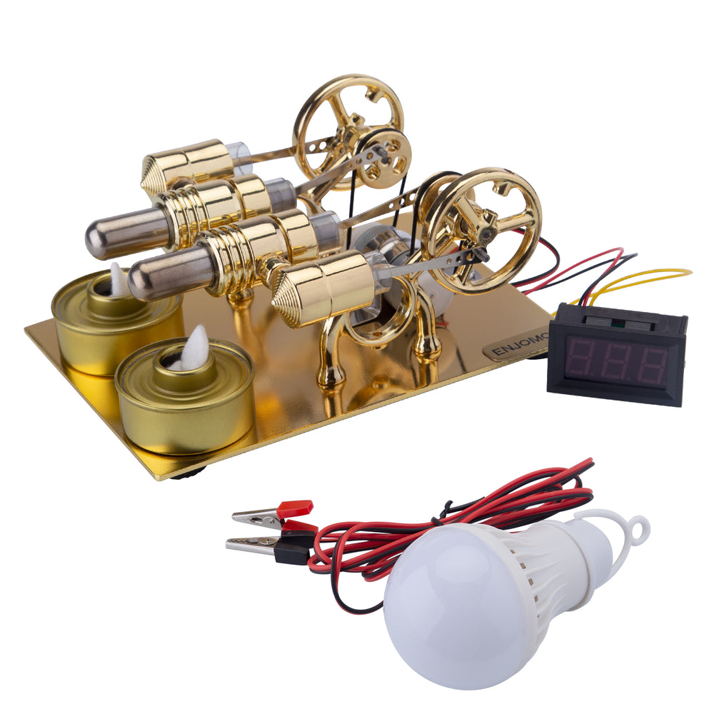 ENJOMOR Paratactic 4 Cylinder Hot Air Stirling Engine Electric Generator with Light Bulb and Voltmeter - STEM Toys