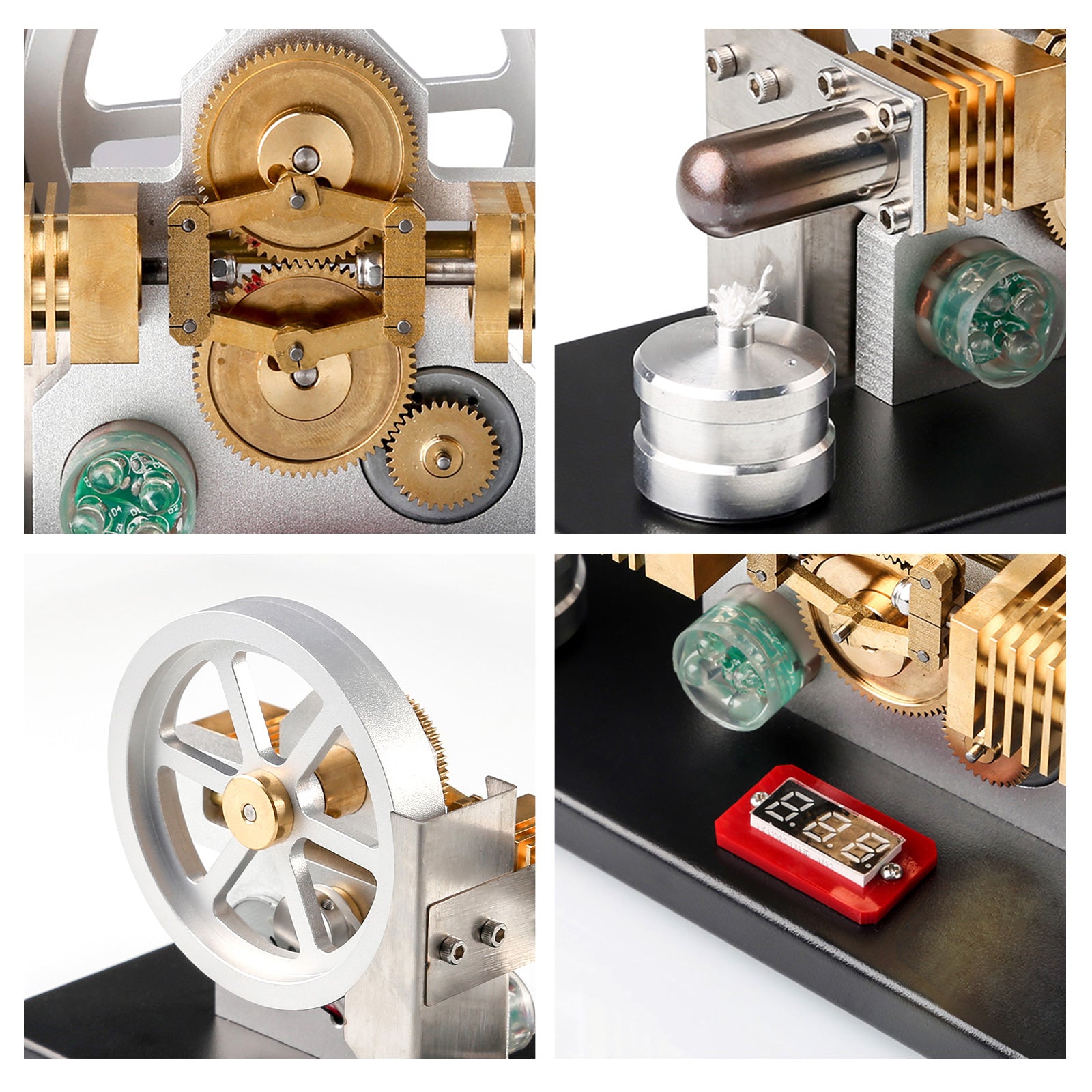 ENJOMOR Heißluft-Stirlingmotor-Generatormodell mit LED-Licht und Voltmeter – horizontal gegenüberliegender Zahnradantrieb mit Diamantstruktur