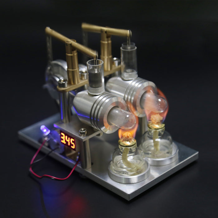 ENJOMOR Balance Type 2 Cylinder Hot Air Stirling Engine Generator Model with LED Bulb and Voltage Meter - STEM Toy