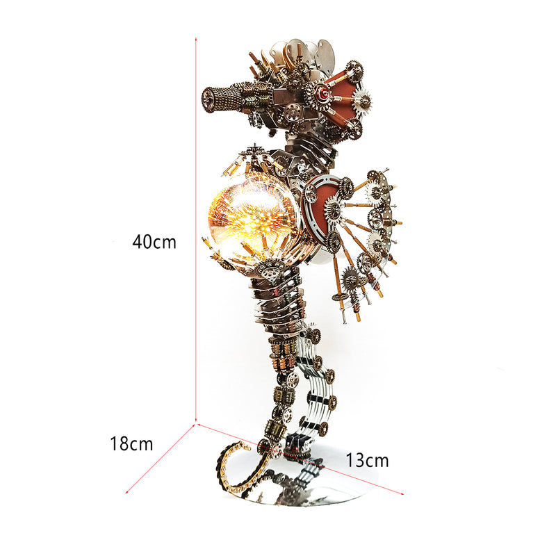 3D Metal Steampunk Craft Puzzle Mechanical Underwater Seahorse with Lamp Model DIY Assembly for Home Decor Creative Gift-2100PCS