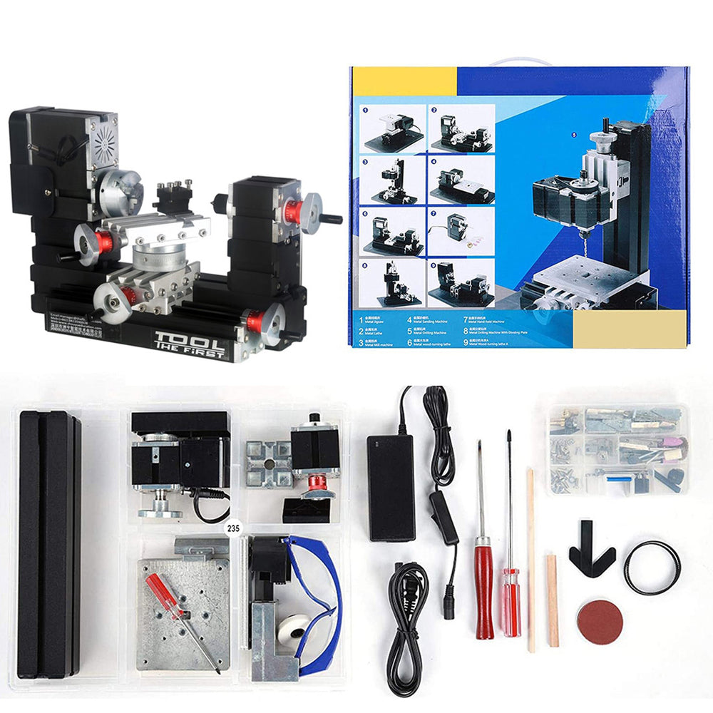 4 In 1 Micro Machine Tool DIY Assembly Kit (100PCS+) - Wire Saw Wood Lathe Sand Mill Handheld Machine Tool Model Kit