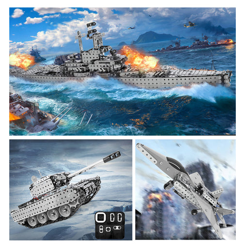 3D Metal Puzzle DIY Metal Battleship Fighter Aircraft Tank Set Assembled Toy Dominating the Land Sea and Air Combination-2493PCS