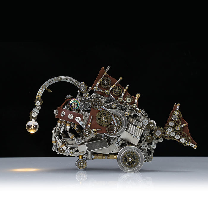 1064Pcs+ DIY Steampunk Anglerfish with Luminous Bulb 3D Puzzle DIY Model Kit Metal Games Creative Gift