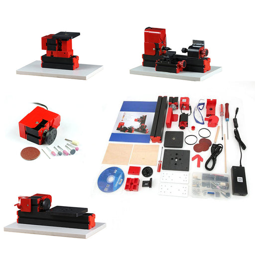 4 In 1 Micro Machine Tool DIY Assembly Kit (100PCS+) - Wire Saw Wood Lathe Sand Mill Handheld Machine Tool Model Kit