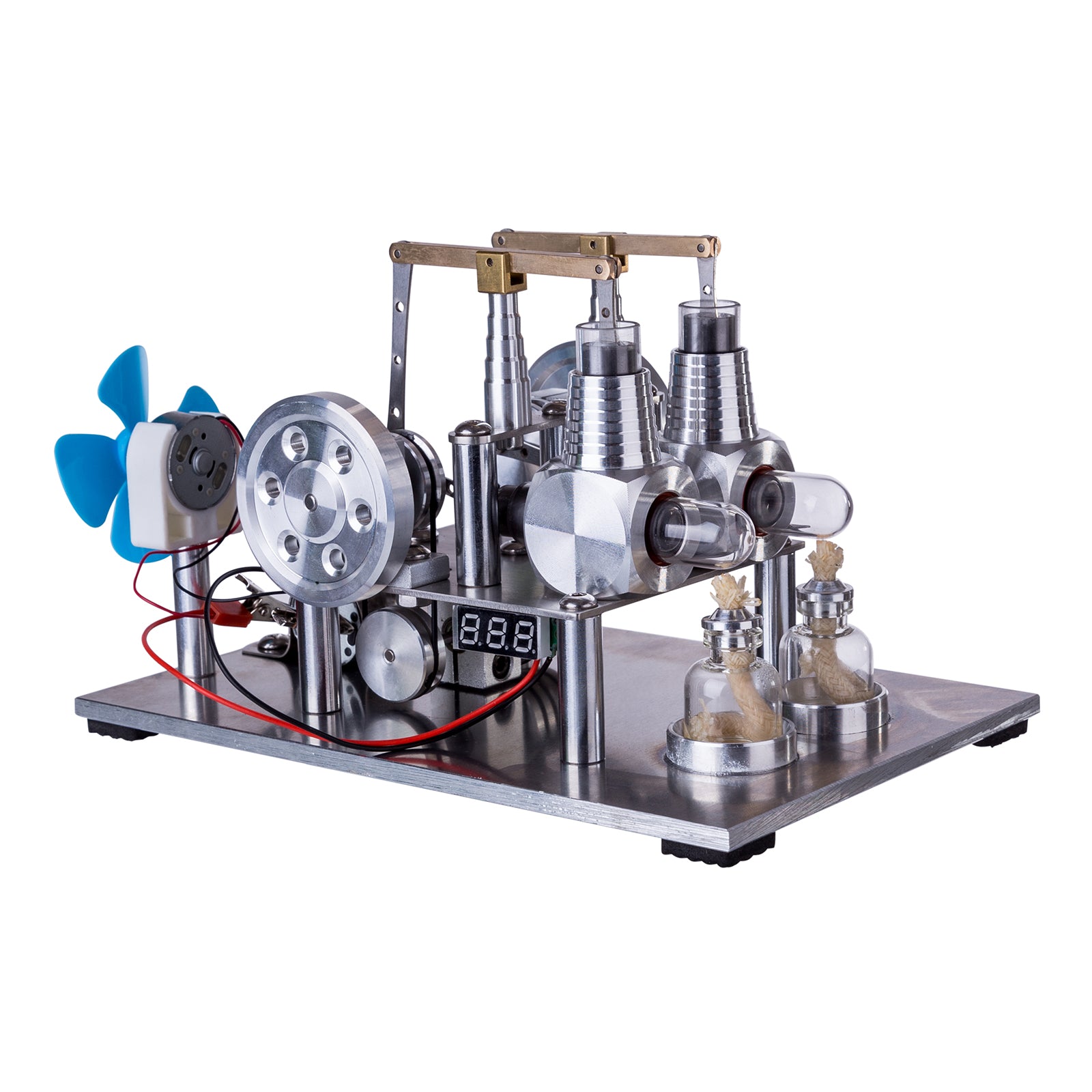 ENJOMOR Générateur de moteur Stirling à air chaud à 2 cylindres de type équilibré avec ampoule, voltmètre et ventilateur – Jouet STEM