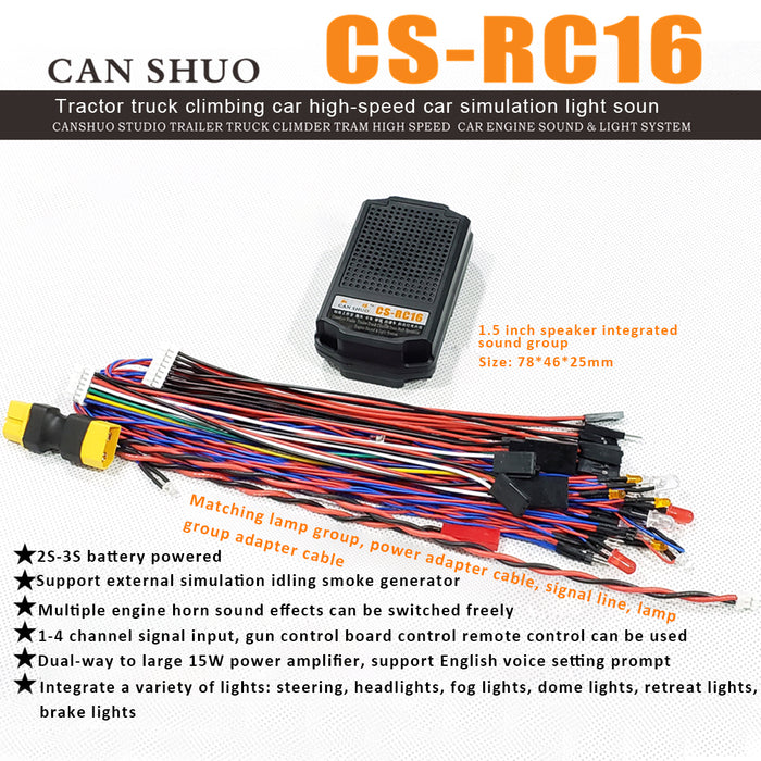 CS-RC16 Simulation Lights and Sound Set Horn Sound Set Multi-sound Effects Switching 7 Kinds of Lights for RC Tractor Truck Climbing Car High-speed Car Model
