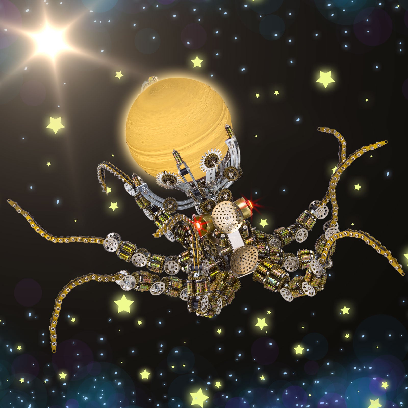 3D Metal Steampunk Galaxy Craft Puzzle Mechanical Octopus with Lamp Model DIY Assembly for Home Decor Creative Gift-2400PCS