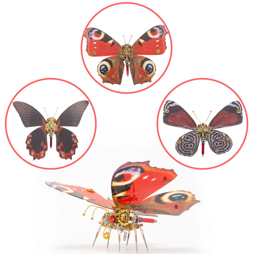 3D Metal Butterfly Model Kit, 3 In 1 Steampunk Butterfly (200PCS+/Red) - Diaethria Dodone, Papilio & Peacock Butterfly