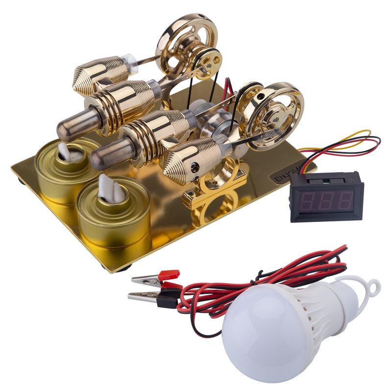 ENJOMOR Paratactic 4 Cylinder Hot Air Stirling Engine Model Mini Electric Generator with Light Bulb and Voltmeter - STEM Toy - EngineDIY