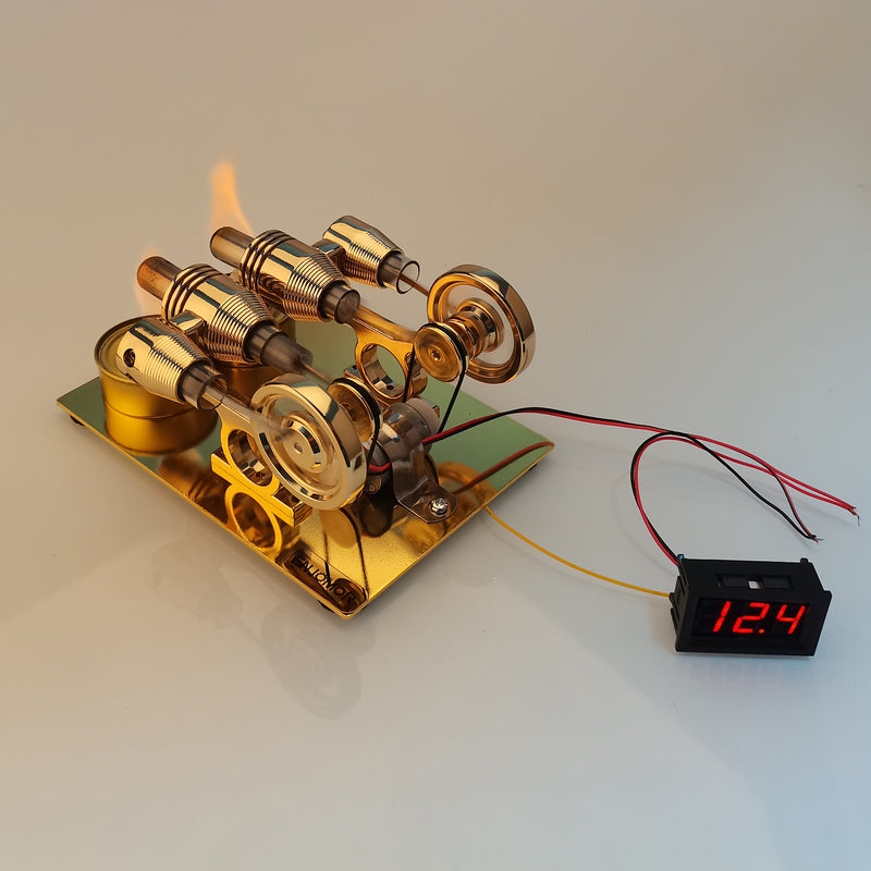 ENJOMOR Paratactic 4 Cylinder Hot Air Stirling Engine Model Mini Electric Generator with Light Bulb and Voltmeter - STEM Toy - EngineDIY