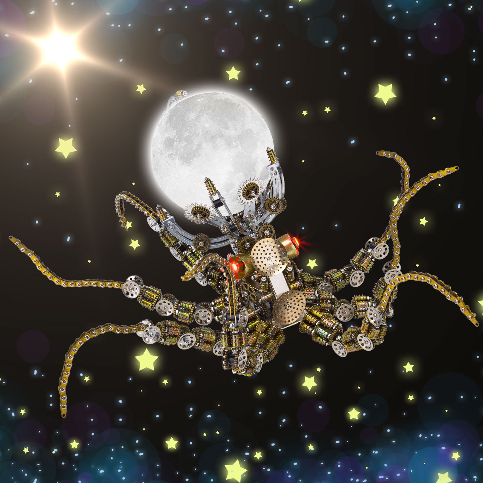 3D Metal Steampunk Galaxy Craft Puzzle Mechanical Octopus with Lamp Model DIY Assembly for Home Decor Creative Gift-2400PCS